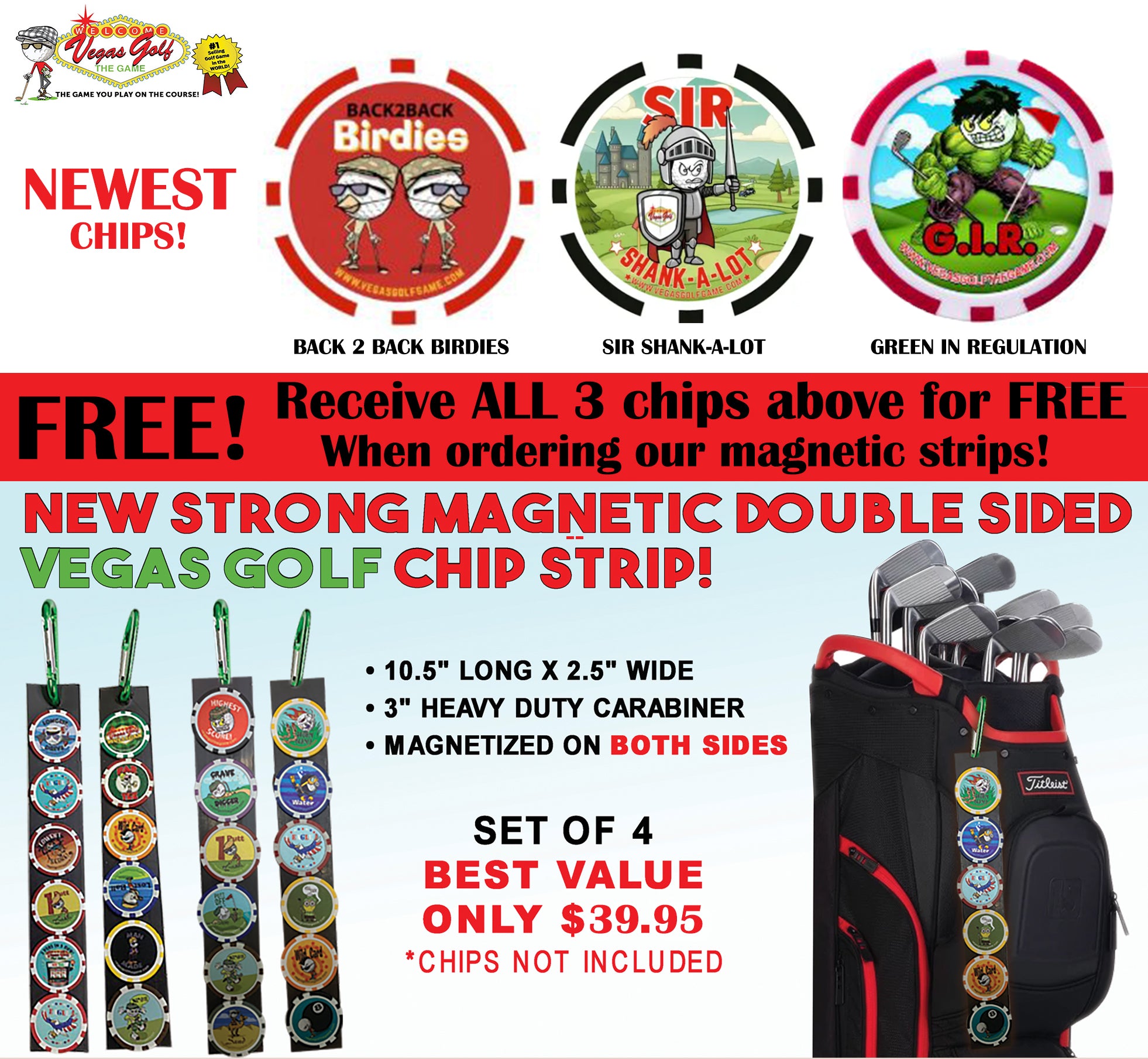 Limited Time Chip Strip Special! Double Sided Magnet Clip Strips 4-PACK  with 3 Free Chips