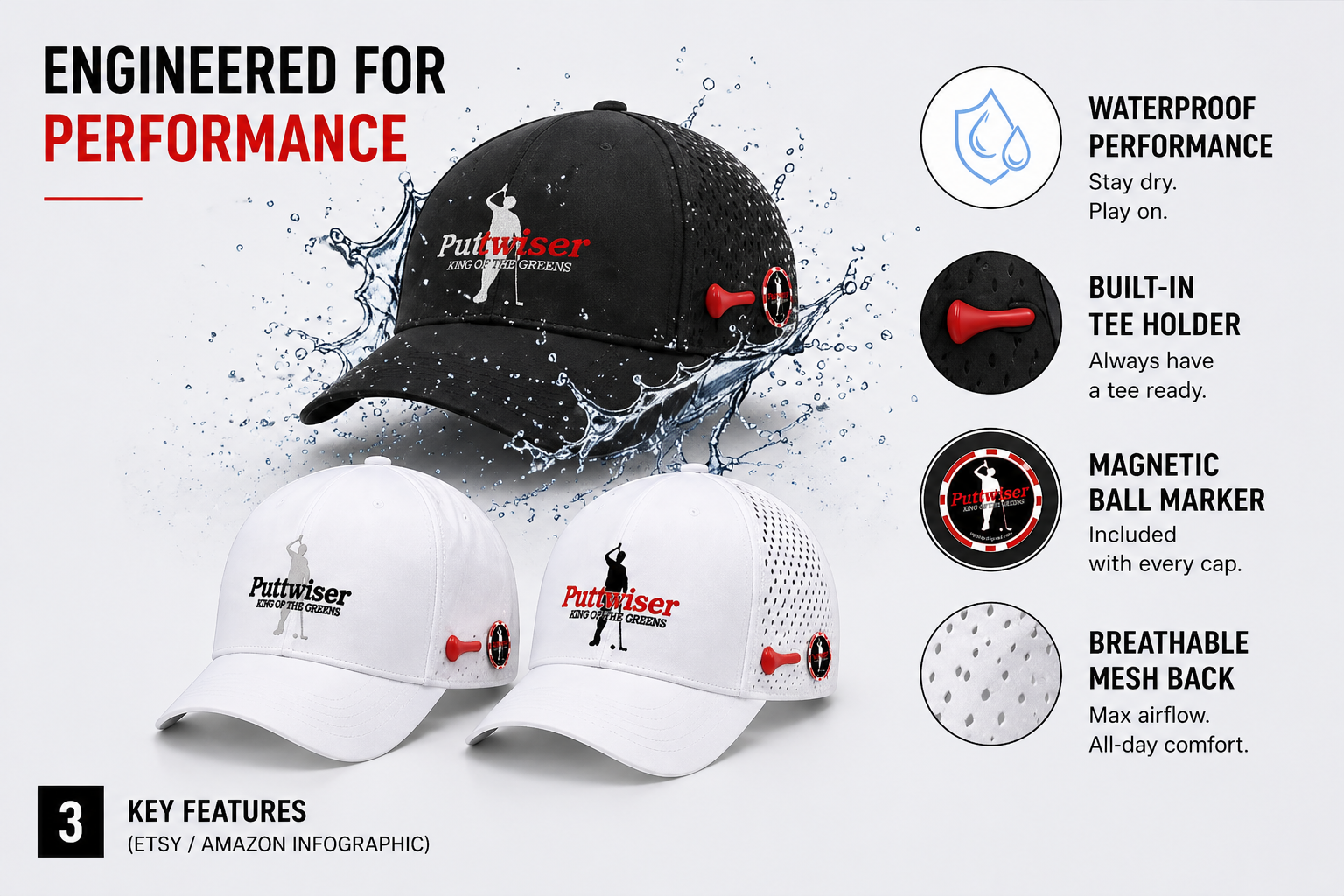 New! Puttwiser Performance Mesh Waterproof Golf Cap-3-colors