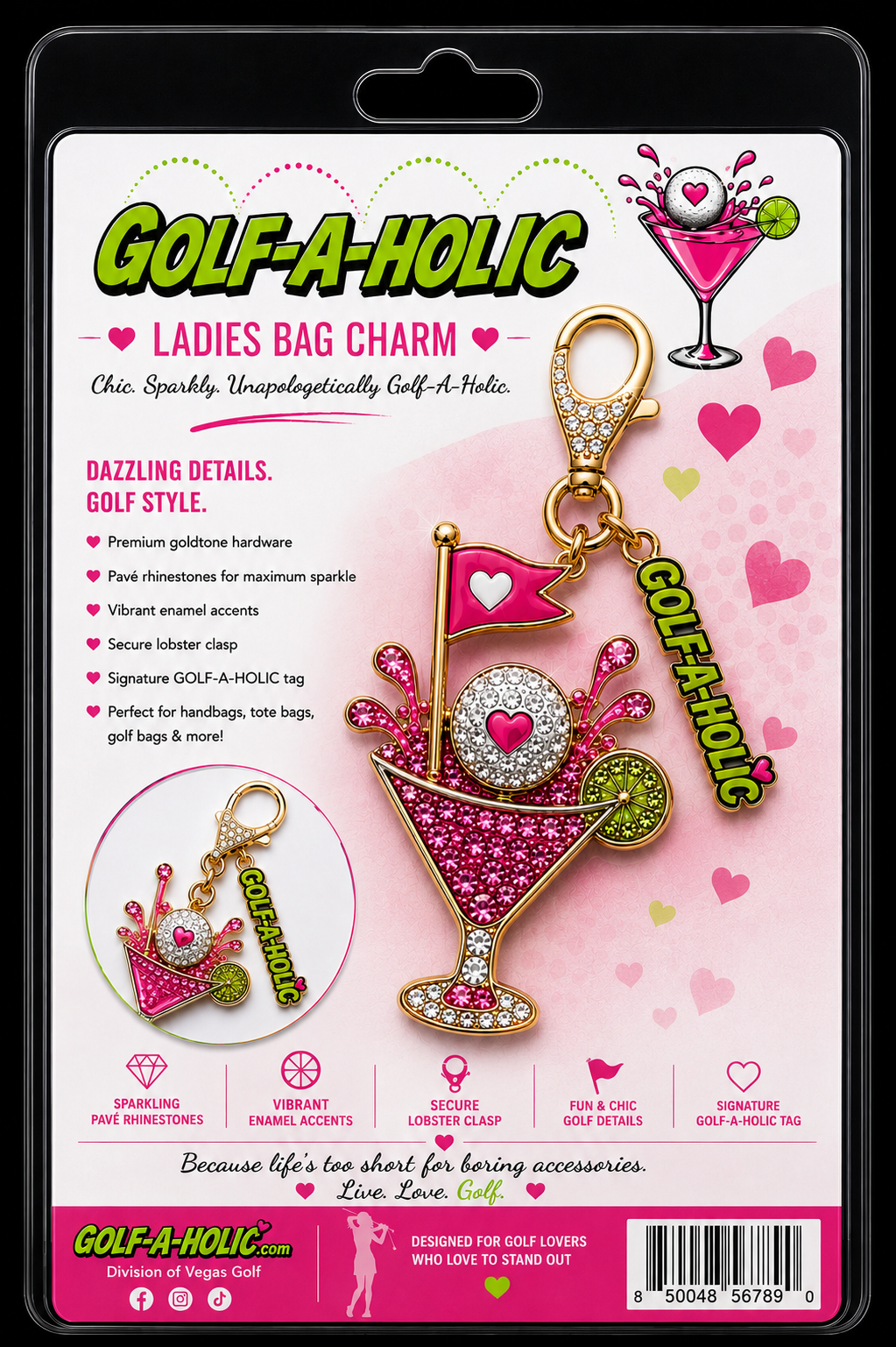 New-Ladies Rhinestone Golf-A-Holic Bag Charm