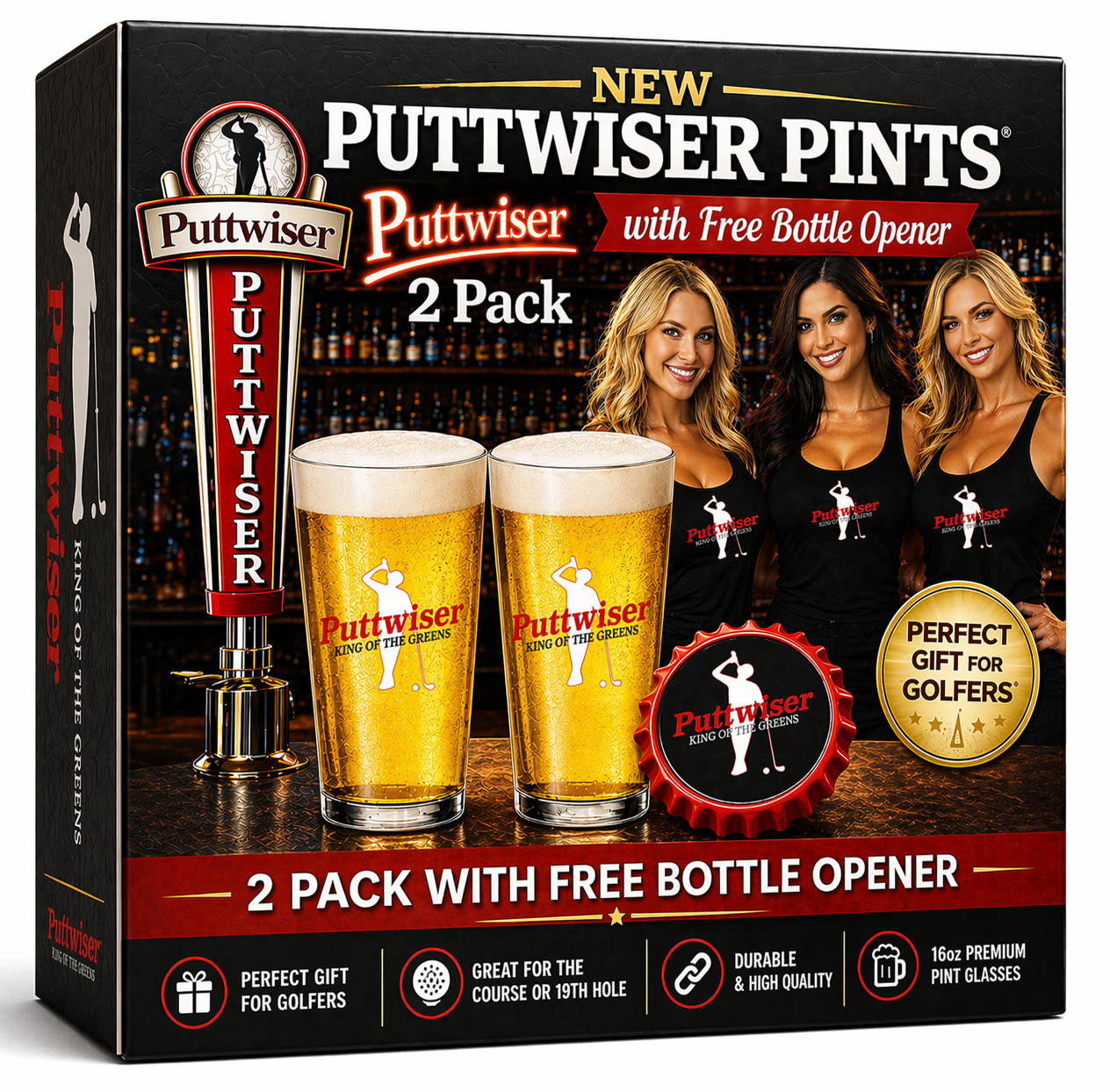 Funny Golf Pint Glass-Puttwiser Set of 2 with Free Bottle Opener