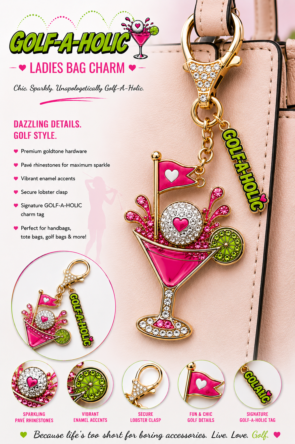New-Ladies Rhinestone Golf-A-Holic Bag Charm