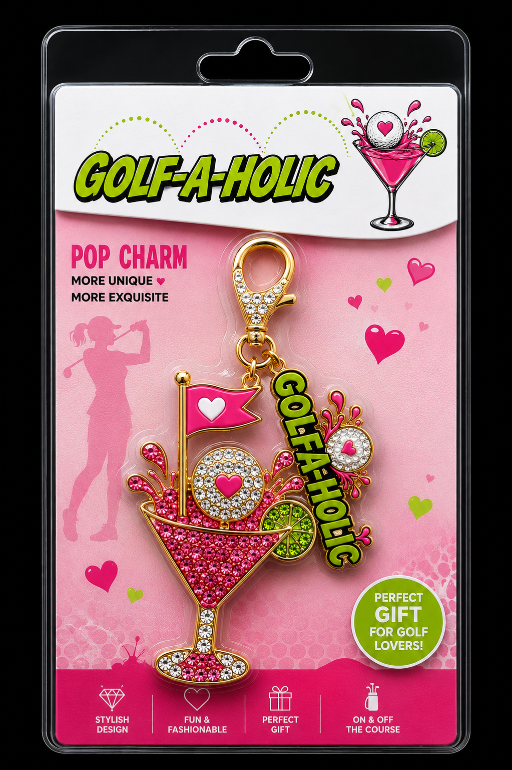 New-Ladies Rhinestone Golf-A-Holic Bag Charm